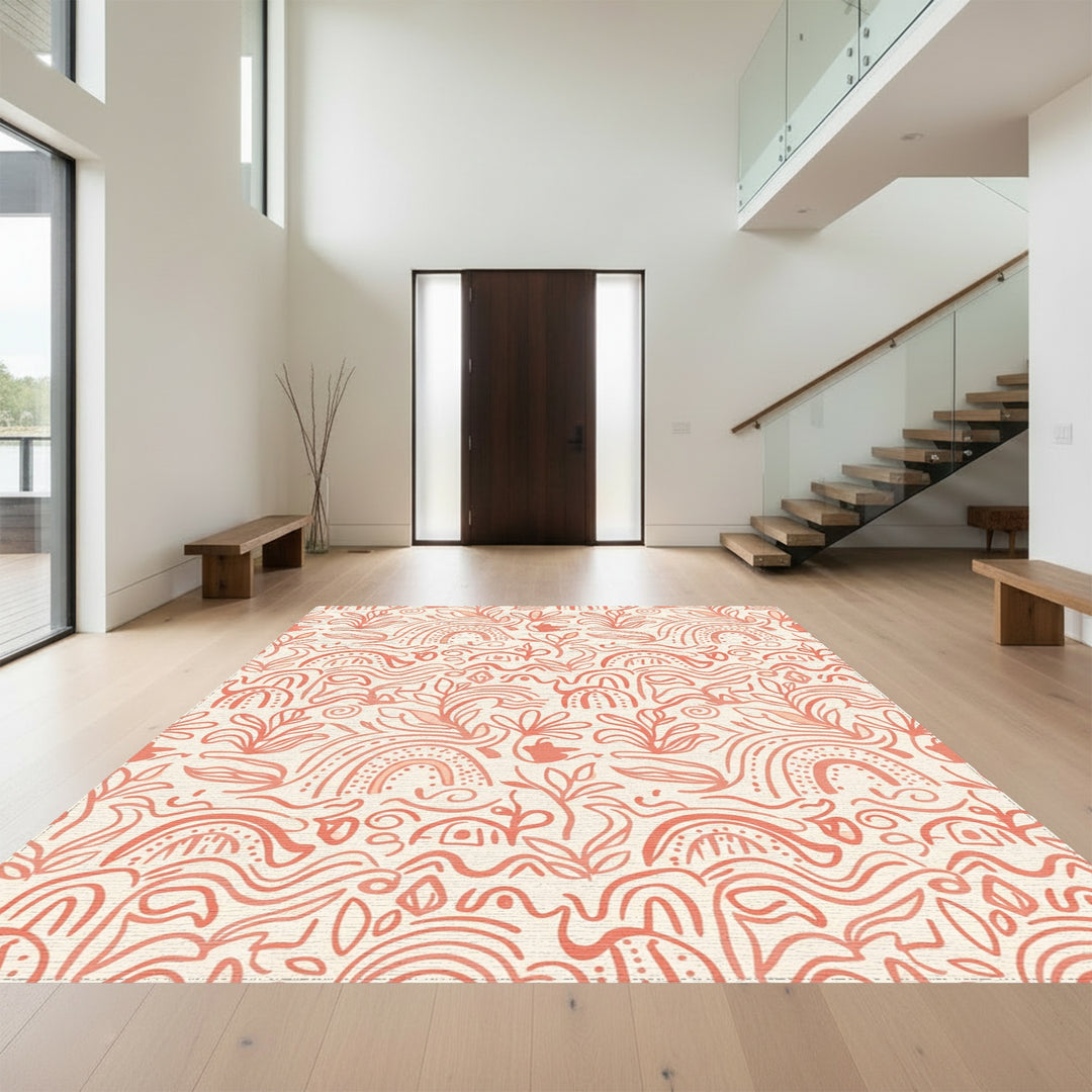 Coral Abstract Floral Rainbow Swirls Rug