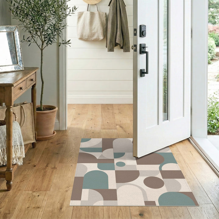 Geometric Beige Area Rug with Teal Accents
