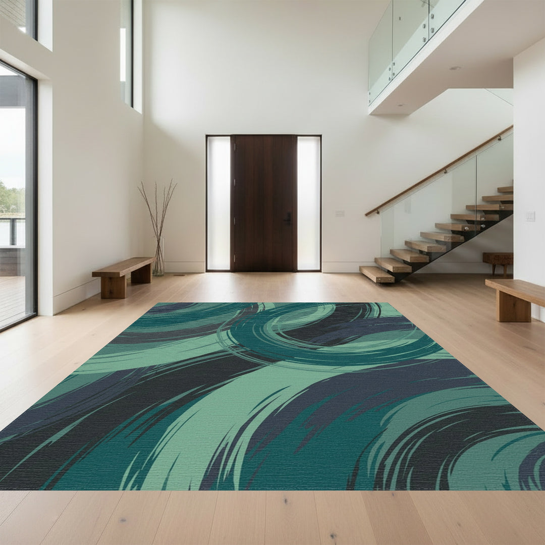 Deep Teal Swirl Abstract Brushstrokes Rug