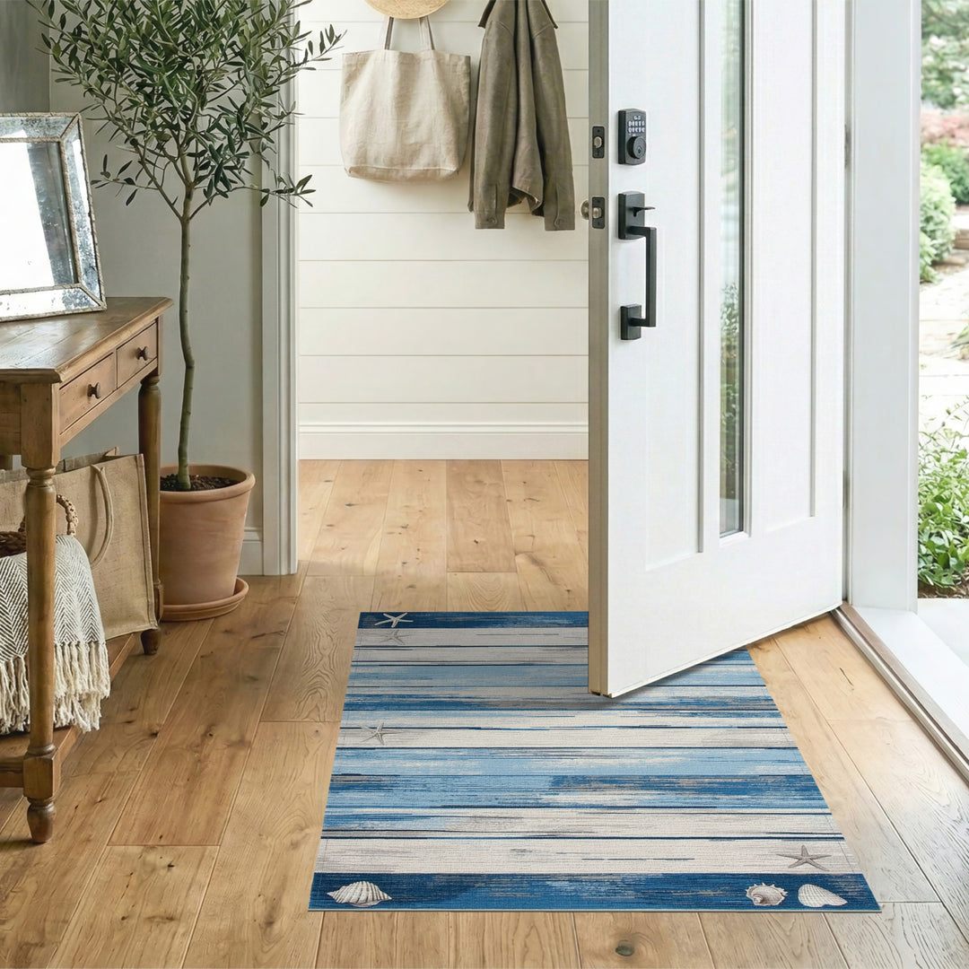 Blue Coastal Starfish Striped Area Rug