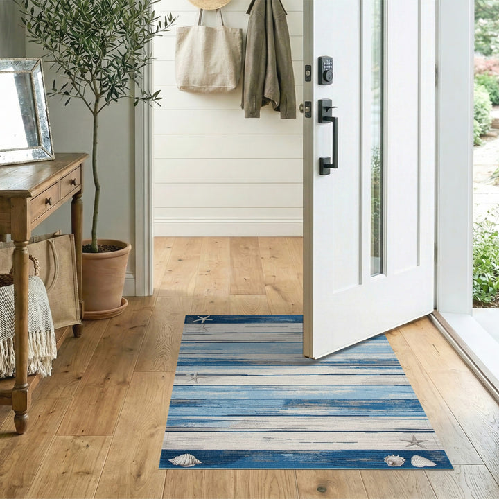 Blue Coastal Starfish Striped Area Rug