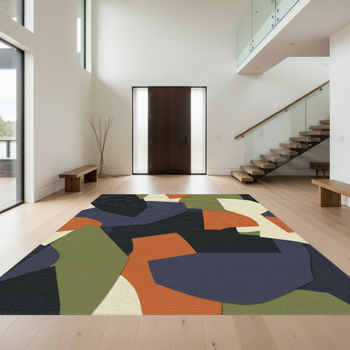 Abstract Ochre Olive Geometric Layered Rug