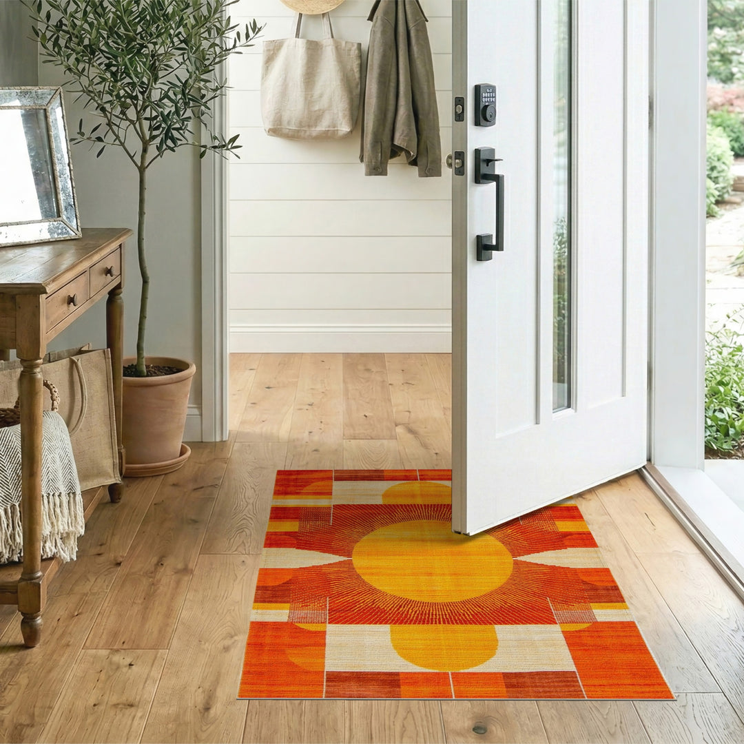 Orange Sunburst Geometric Modern Area Rug
