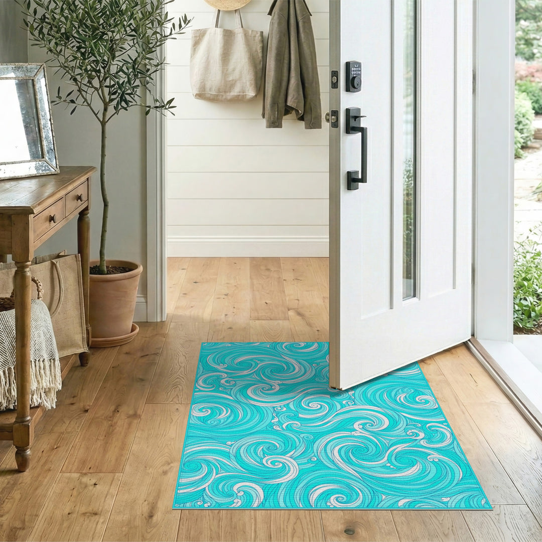 Blue Teal Wave Swirl Washable Area Rug