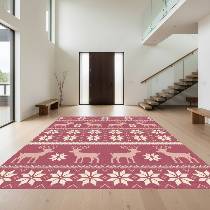 Burgundy Reindeer Snowflake Nordic Stripes Rug