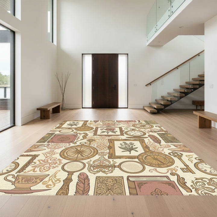 Vintage Botanical Tea Cup Compass Art Rug