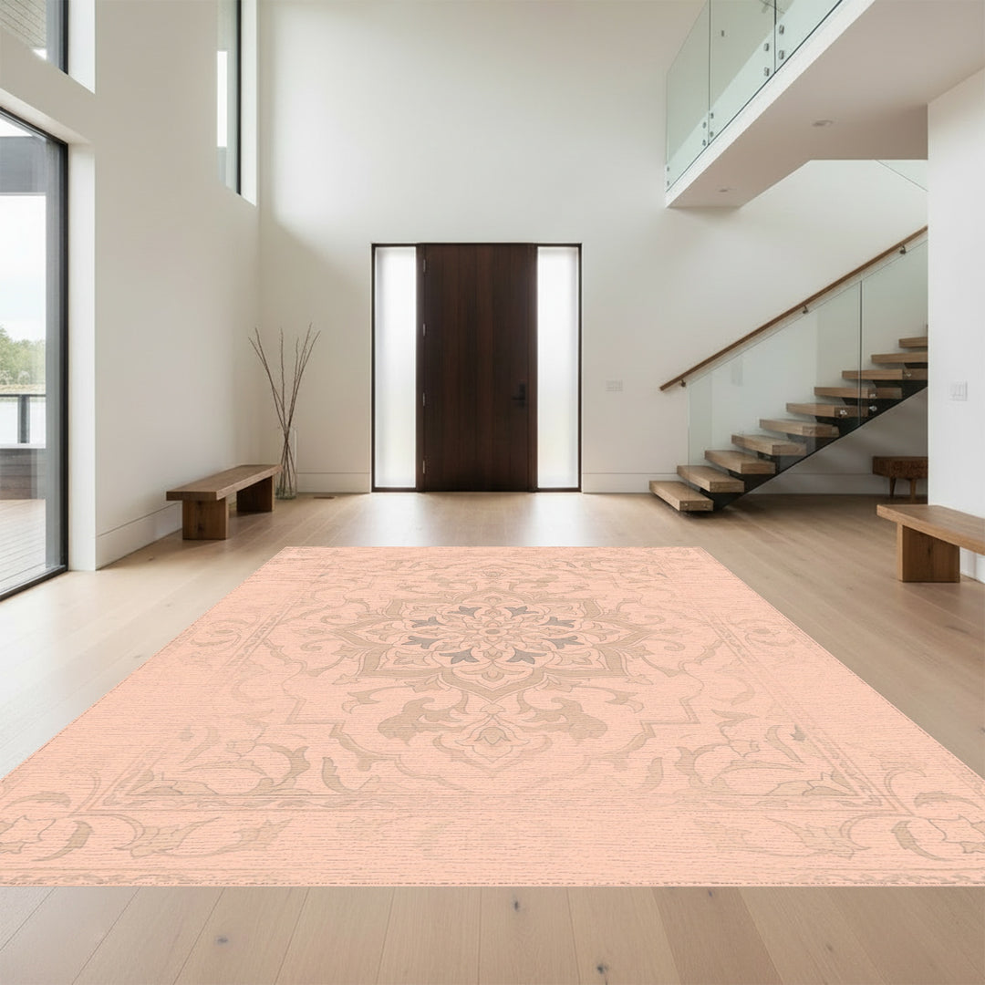 Pale Coral Floral Medallion Border Rug