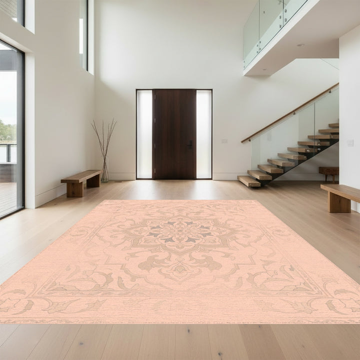 Pale Coral Floral Medallion Border Rug