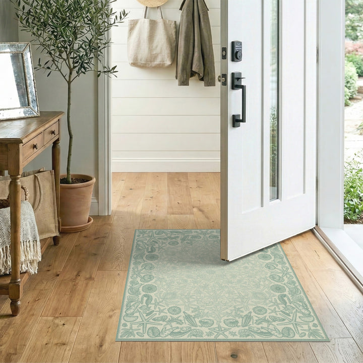 Blue and Teal Coastal Seashell and Starfish Area Rug