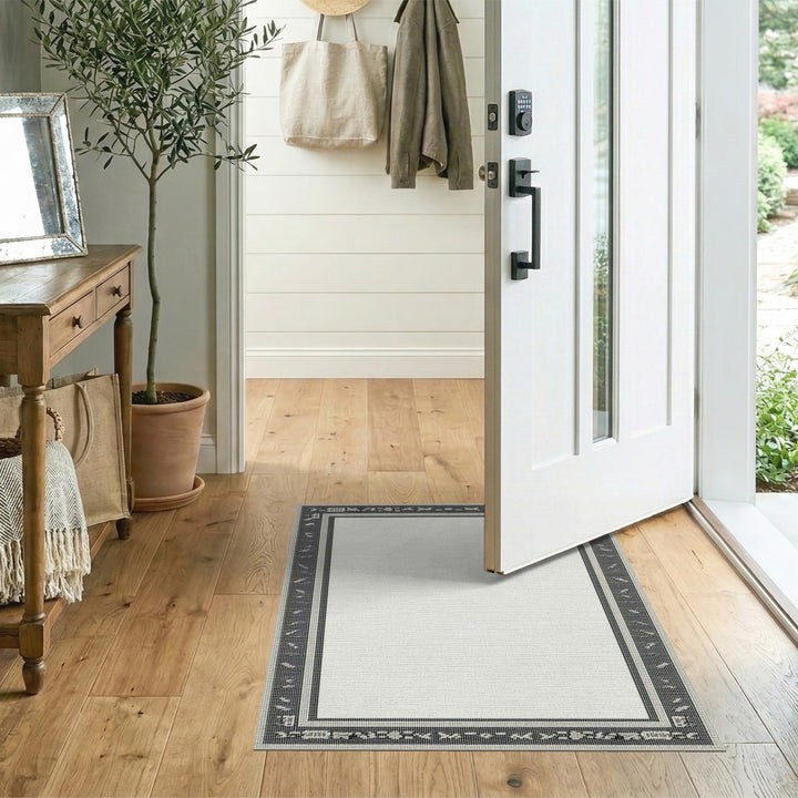 Black White Heritage Tribal Border Area Rug