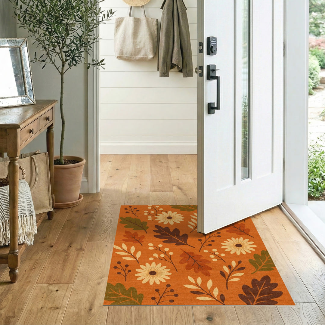 Orange Autumn Floral Area Rug with Daisies