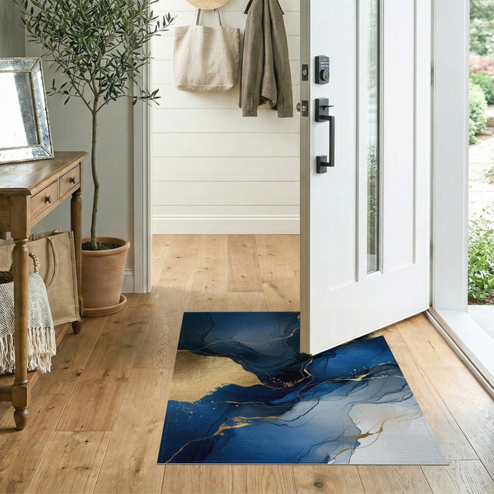 Blue Gold Abstract Fluid Area Rug