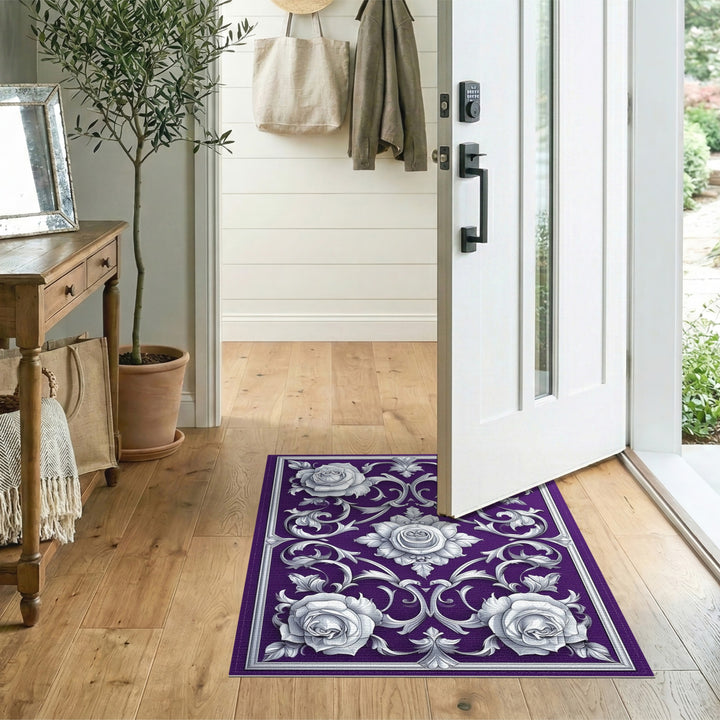 Purple Rose Scroll Floral Area Rug