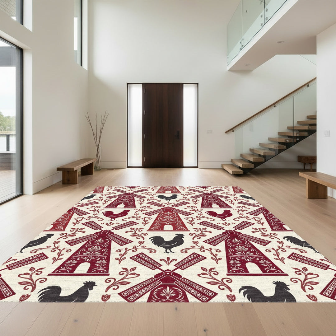 Country Red Windmill Rooster Floral Rug