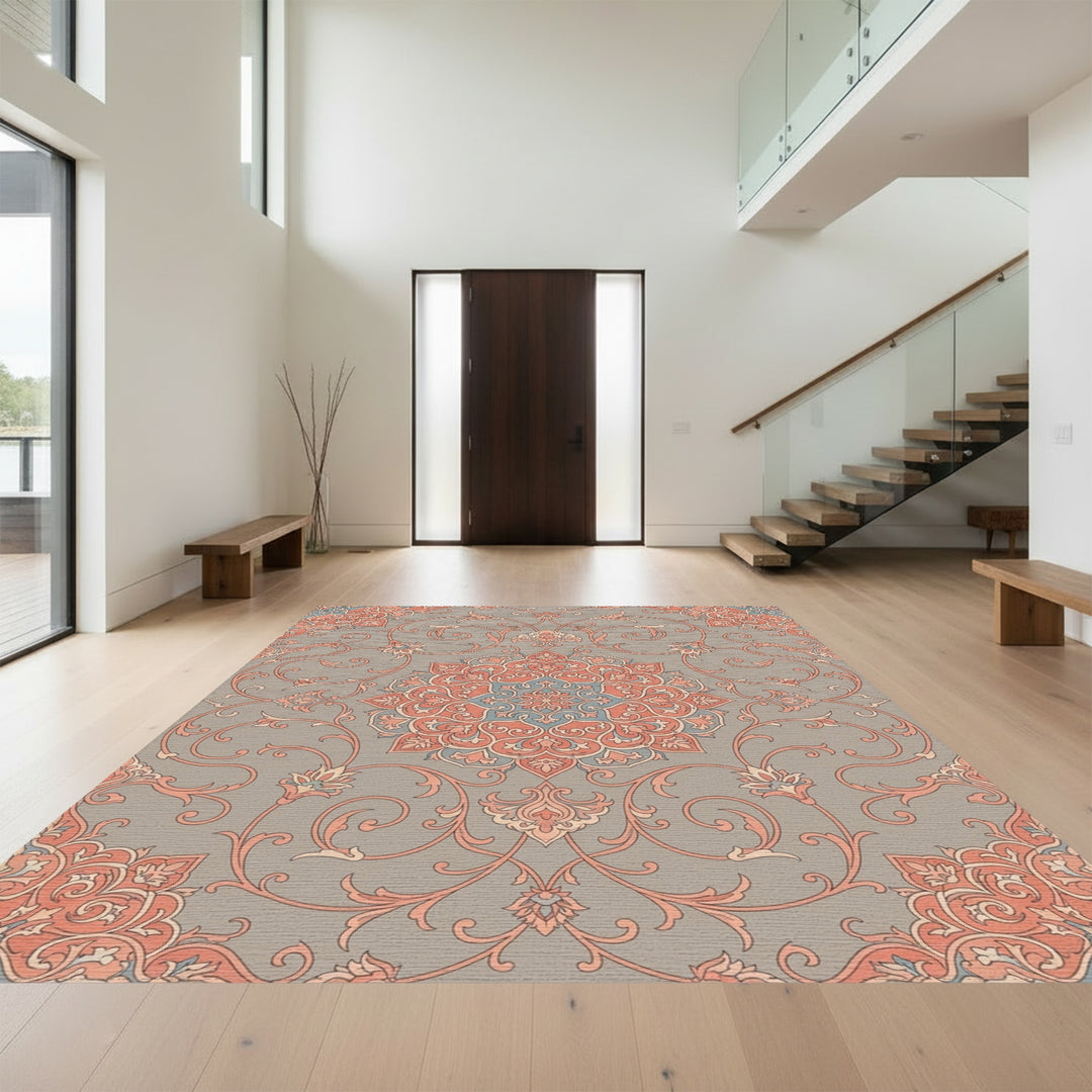Coral Blue Gray Floral Medallion Art Rug