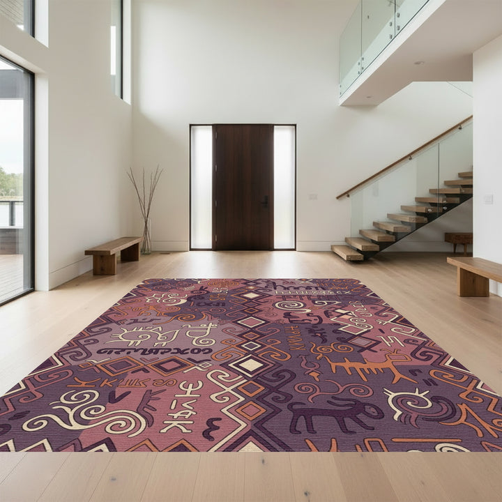 Ornate Ancient Symbols Burgundy Textile Rug