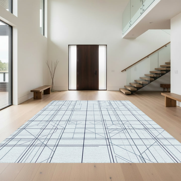 Abstract Blue Geometric Grid Lines Rug