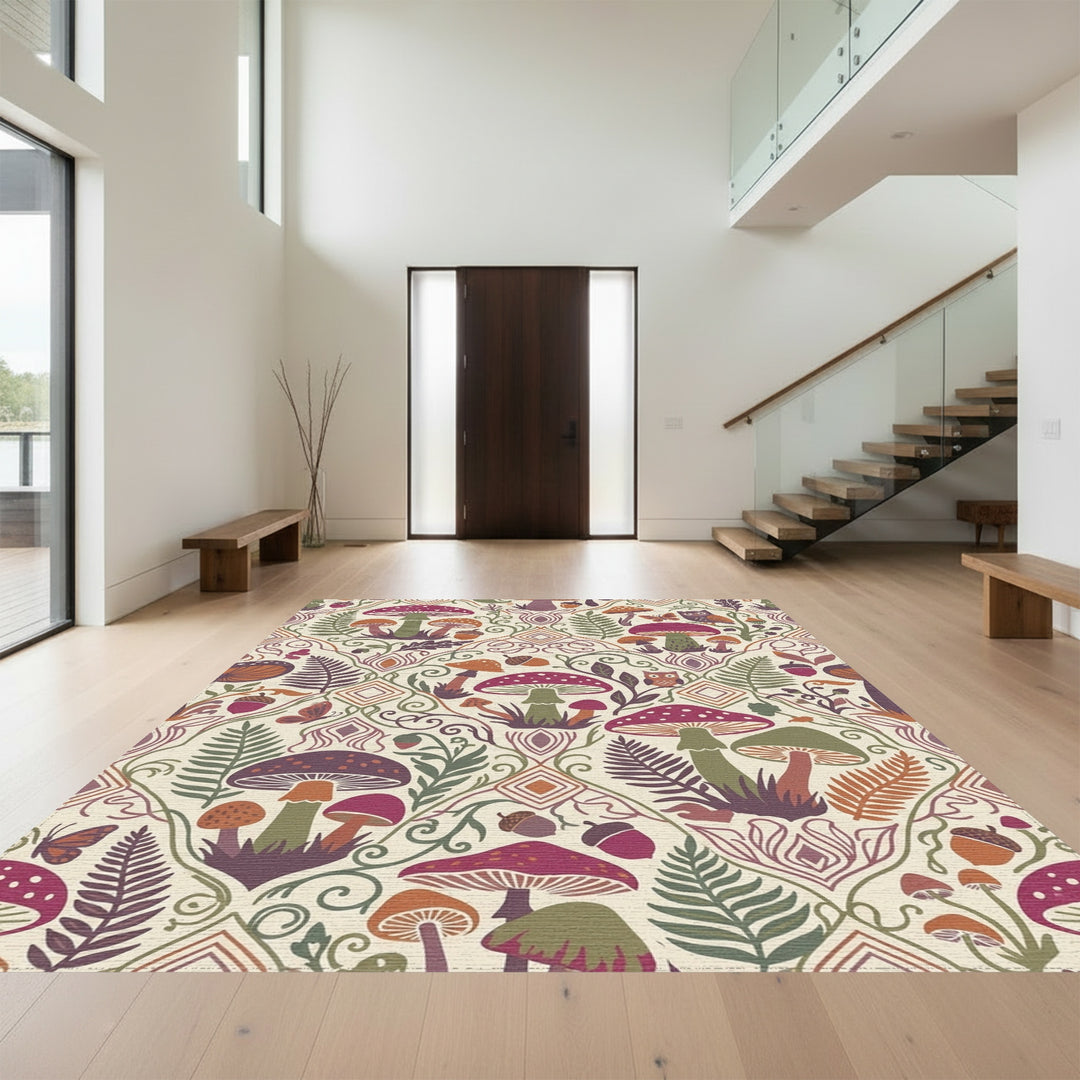 Whimsical Earthy Forest Mushroom Meadow Rug