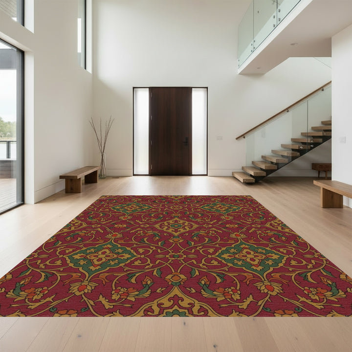 Ornate Crimson Emerald Floral Lattice Rug
