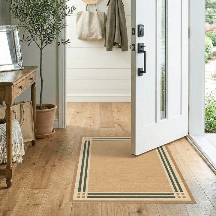Beige and Neutral Tan Geometric Border Area Rug