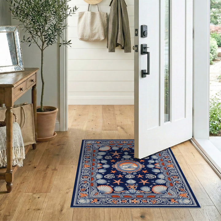 Navy Blue Coastal Seashell Starfish Area Rug