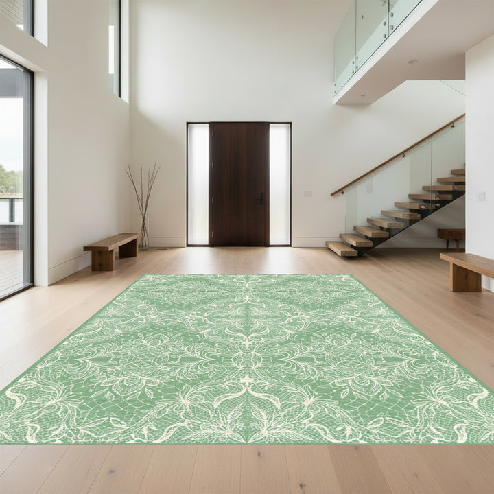 Pale Green Lace Floral Medallion Rug