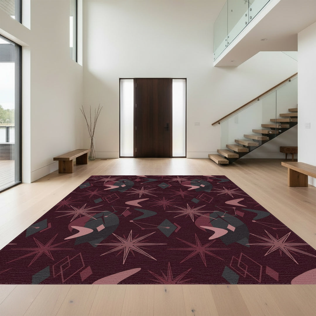 Crimson Starburst Atomic Boomerang Shapes Rug