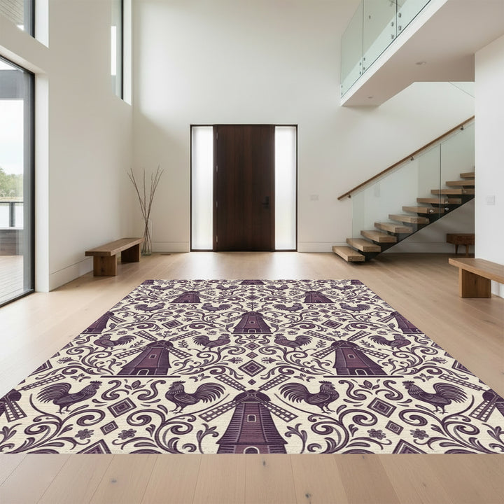 Vintage Plum Windmill Rooster Scrollwork Rug