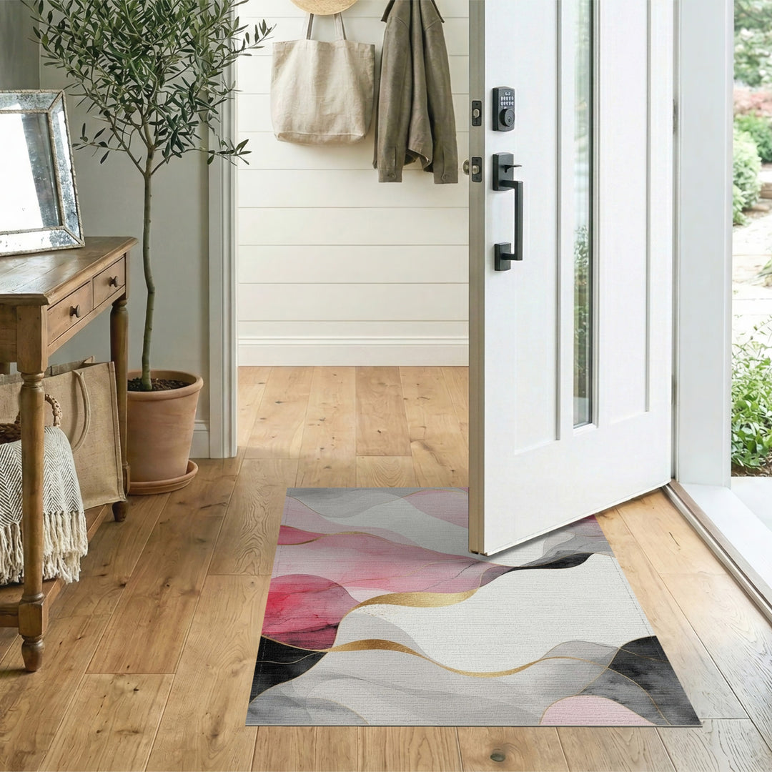Pink Gold Fluid Wave Abstract Area Rug