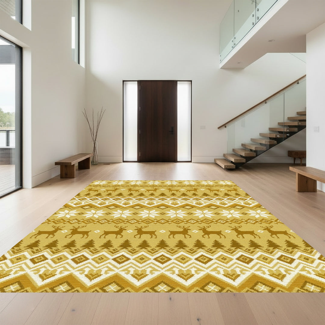 Golden Reindeer Nordic Snowflake Stripes Rug