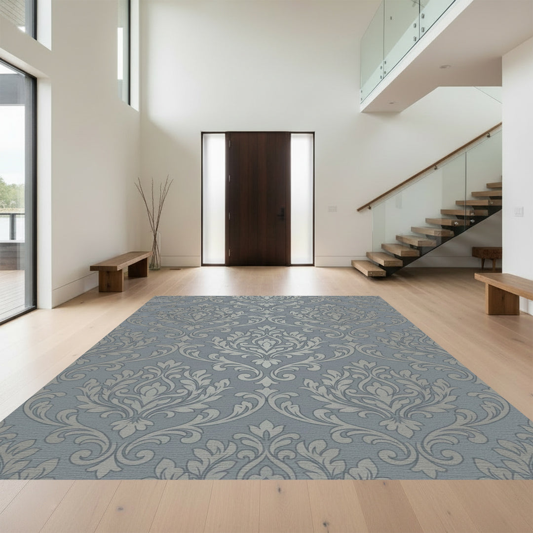Gray Silver Damask Scroll Rug