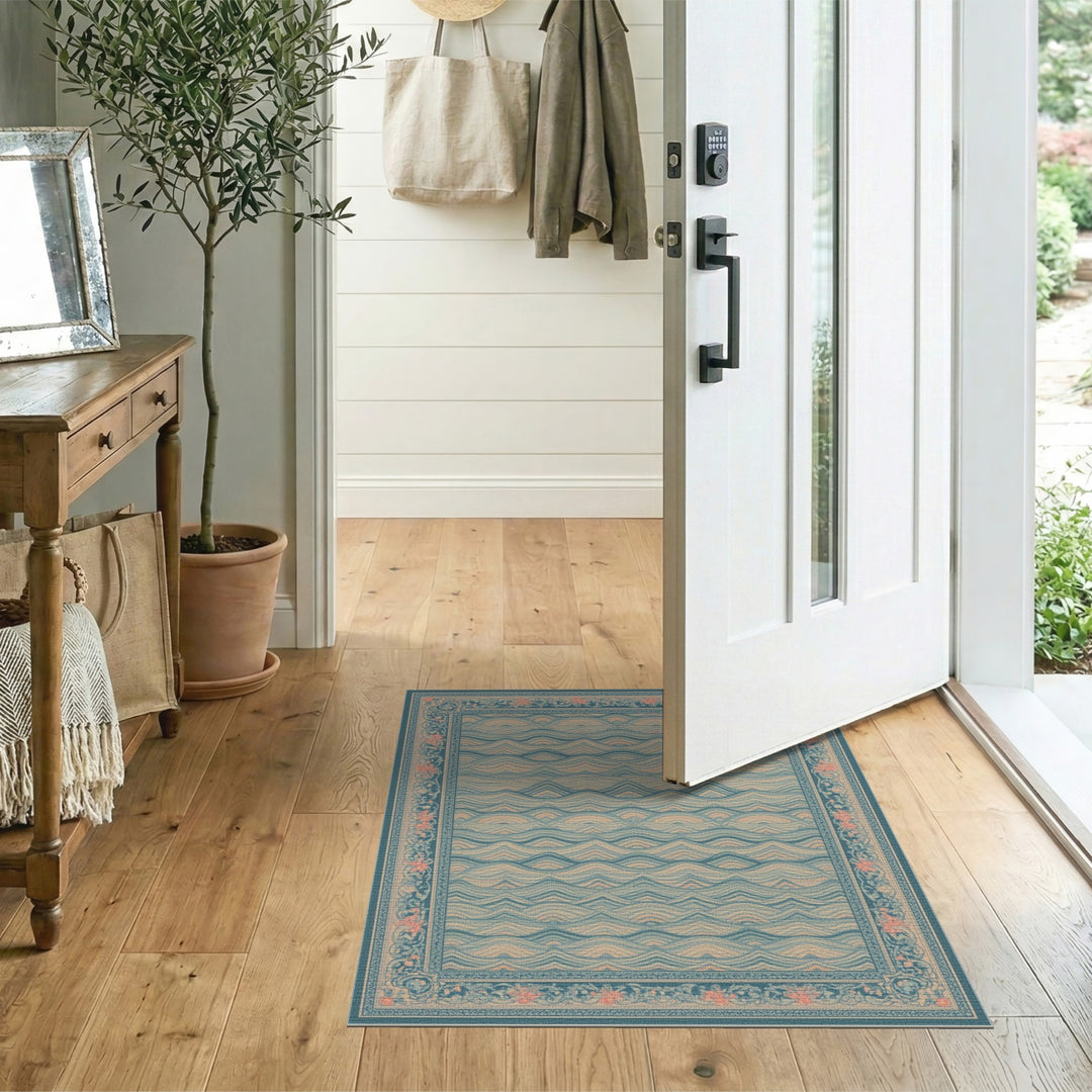 Blue Teal Wave Floral Vintage Area Rug