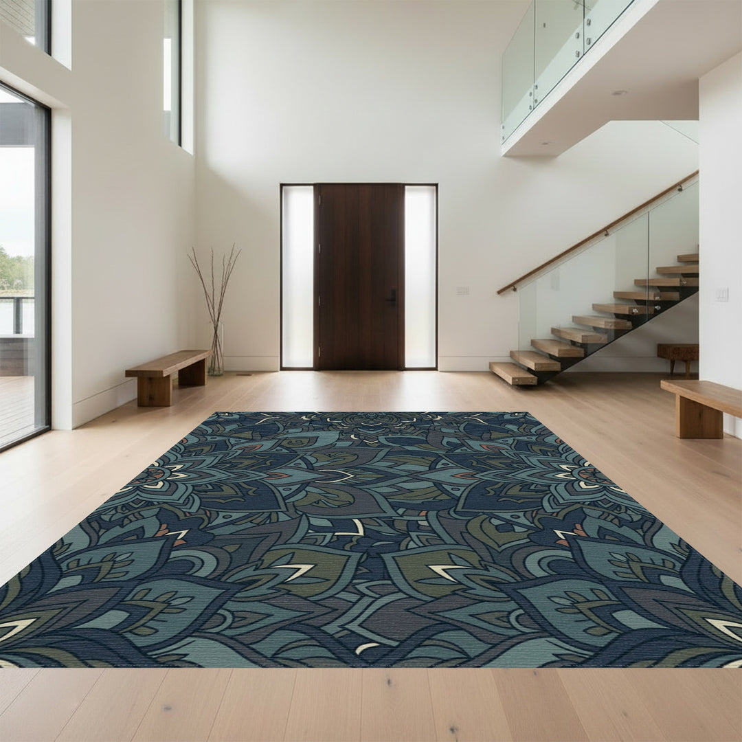 Deep Blue Dark Floral Medallion Rug