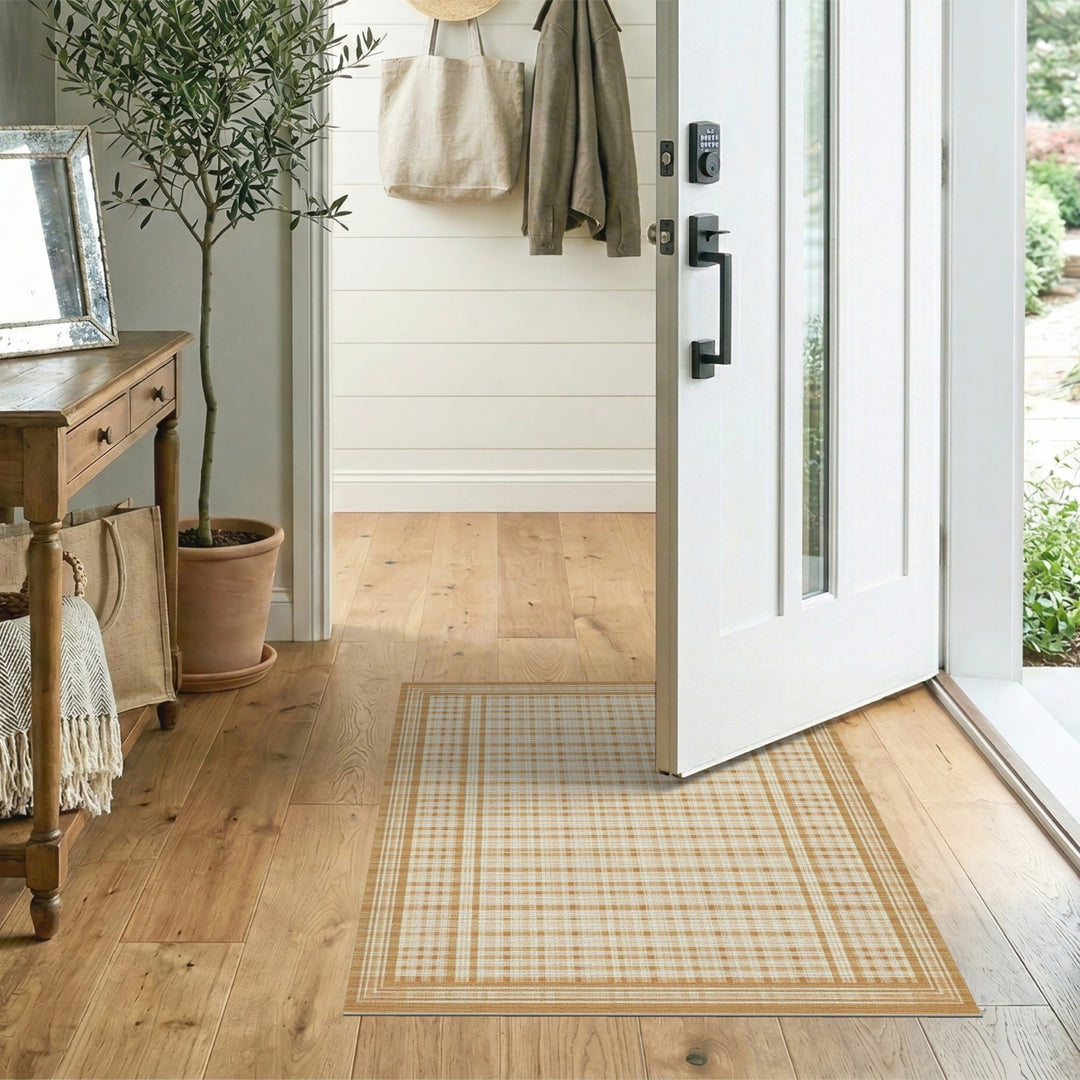 Tan Plaid Checkered Farmhouse Area Rug