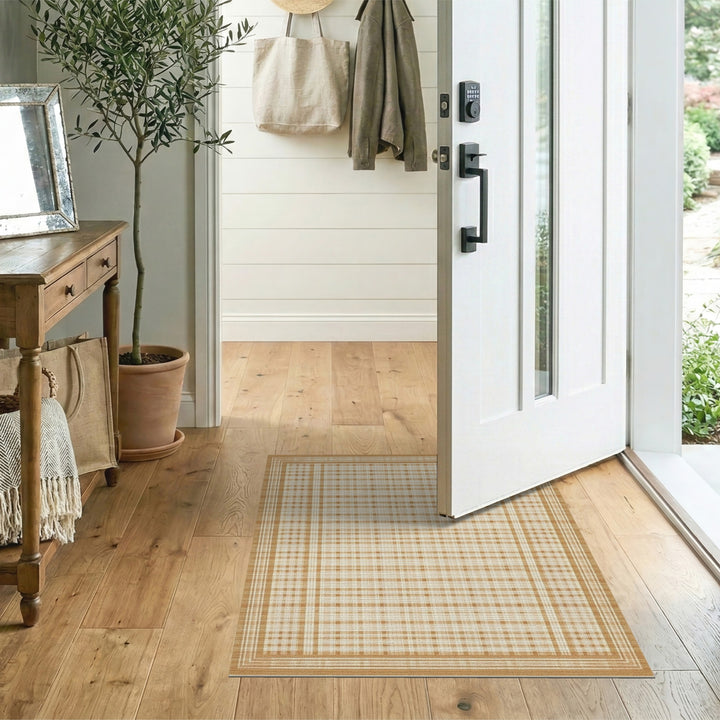 Tan Plaid Checkered Farmhouse Area Rug