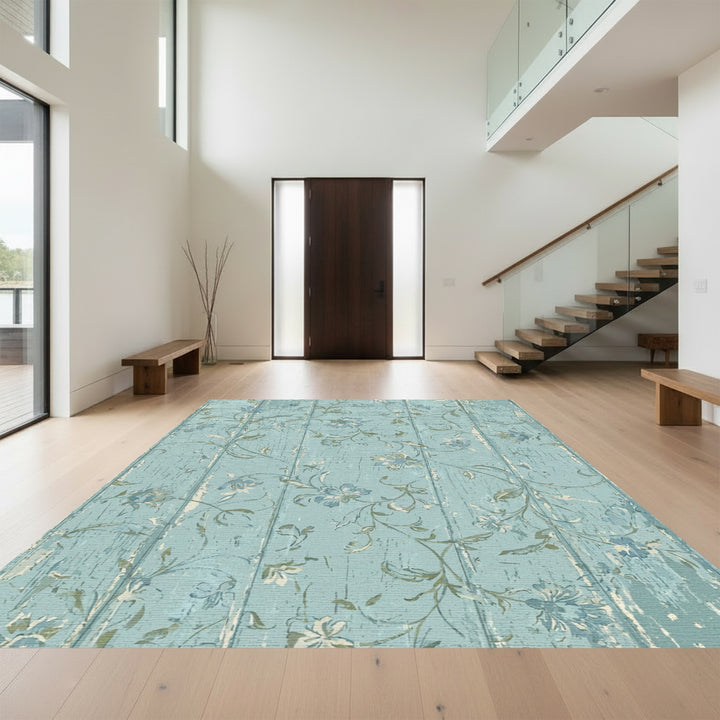 Distressed Aqua Floral Vine Wood Grain Rug