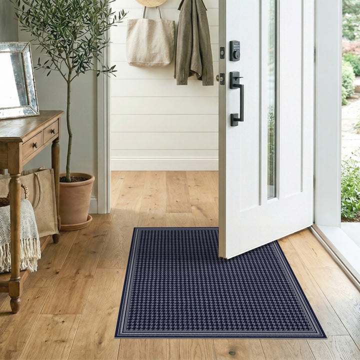 Navy Houndstooth Washable Area Rug