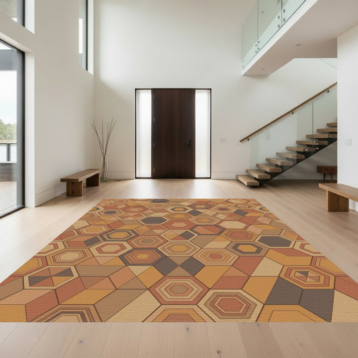 Earthy Terracotta Geometric Hexagon Art Rug