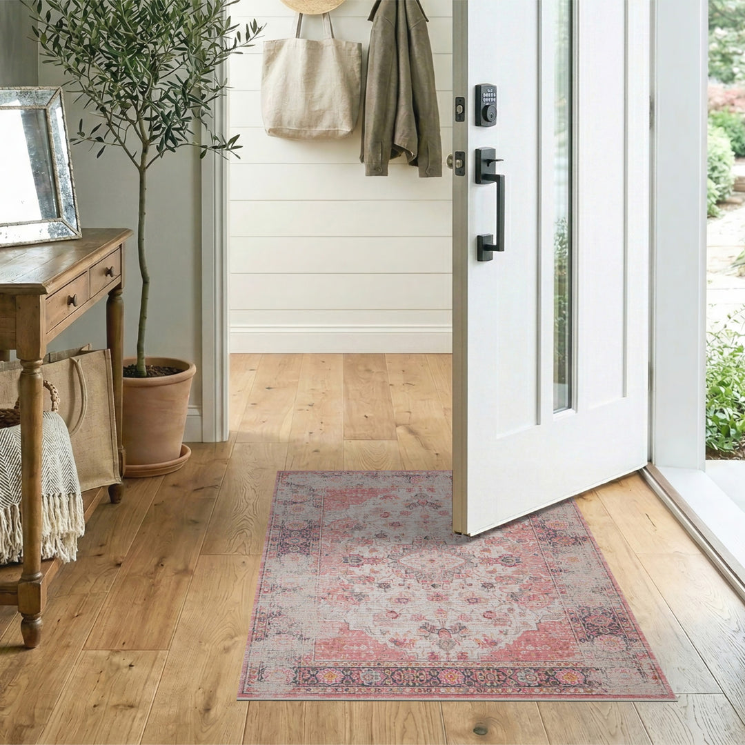 Pink Distressed Vintage Floral Area Rug