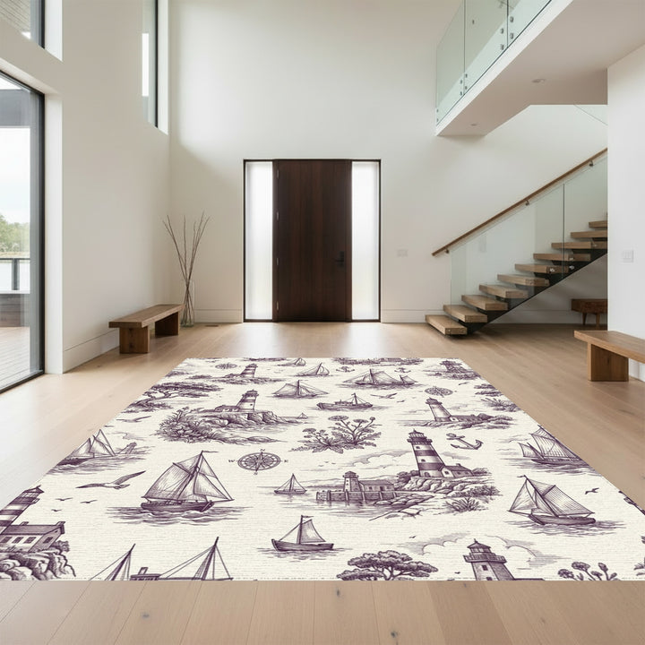 Nautical Coastal Lighthouse Sailboat Scene Rug