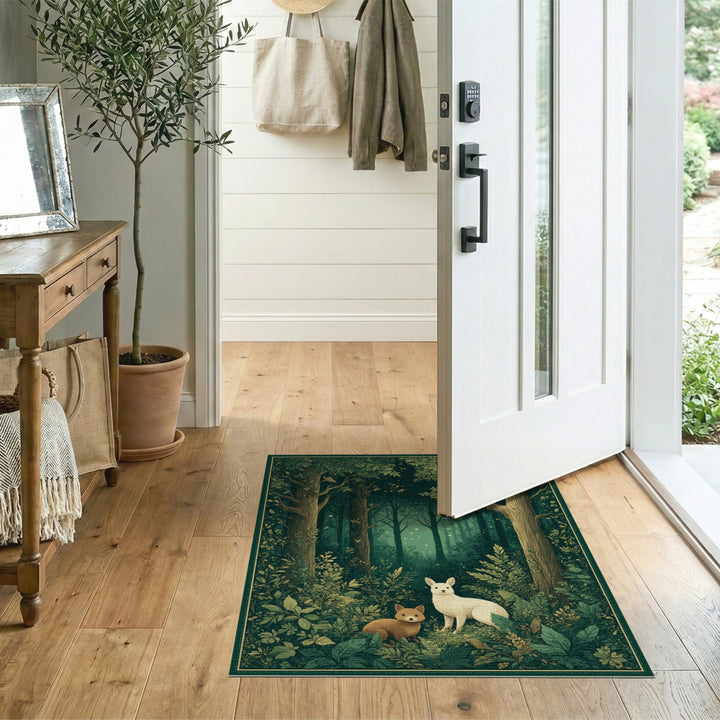 Enchanted Forest Foxes Green Area Rug
