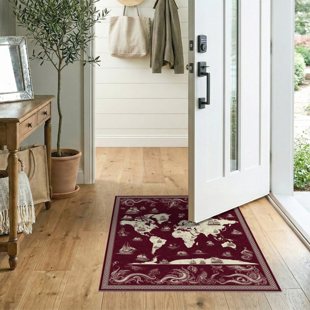 Red Vintage World Map Ships Area Rug