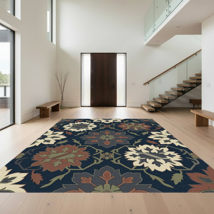 Deep Navy Red Floral Medallion Rug