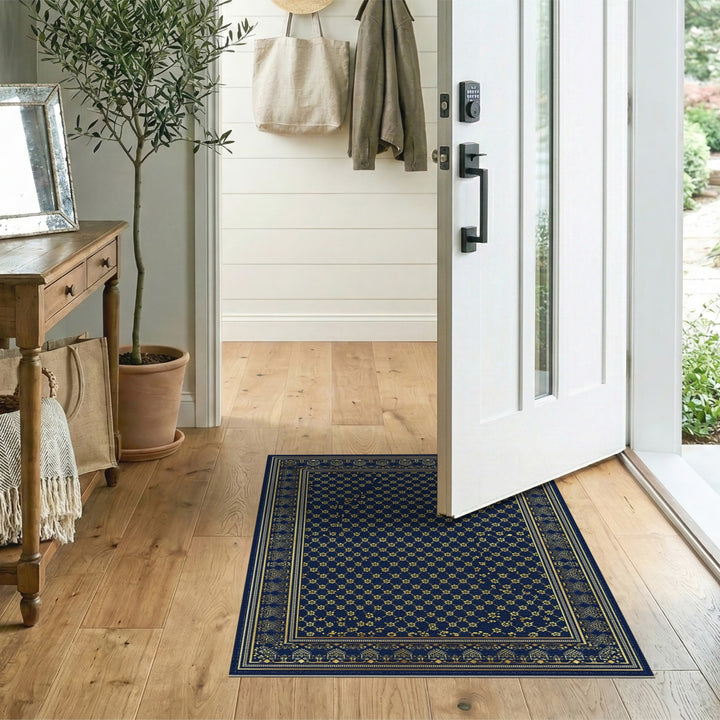 Navy Blue Gold Lattice Area Rug