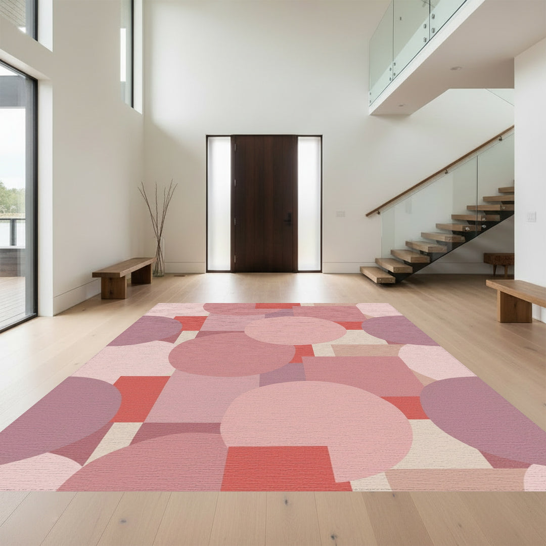 Retro Pink Geometric Circles and Squares Rug