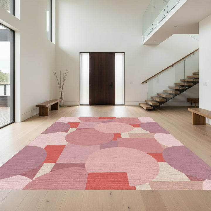 Retro Pink Geometric Circles and Squares Rug
