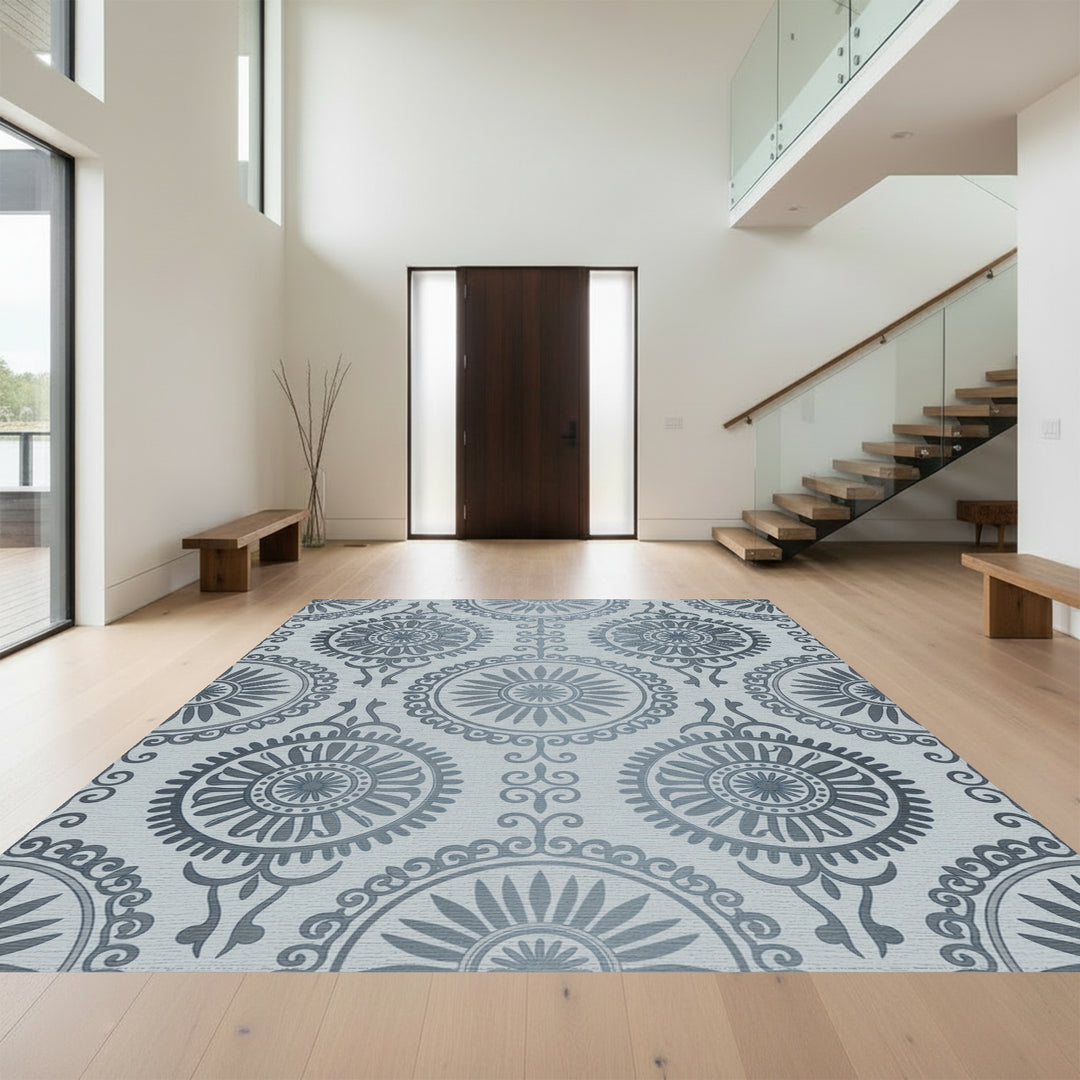 Silver Medallion Sunburst Mandala Rug