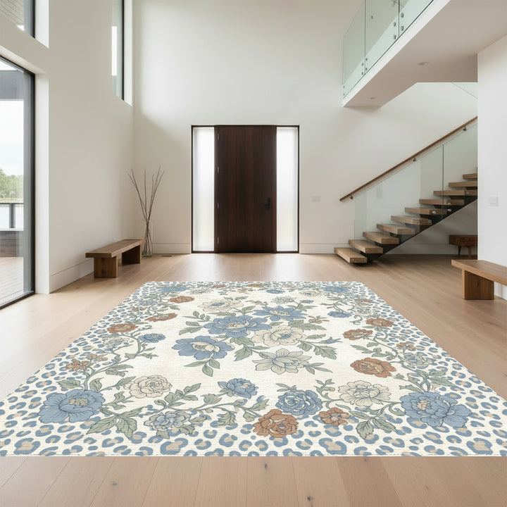 Faded Blue Floral Leopard Frame Rug