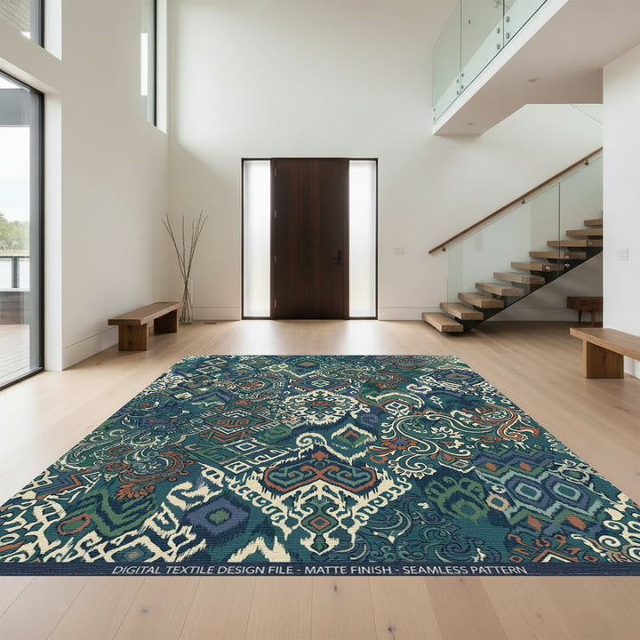 Teal Blue Earthy Patchwork Medallion Rug