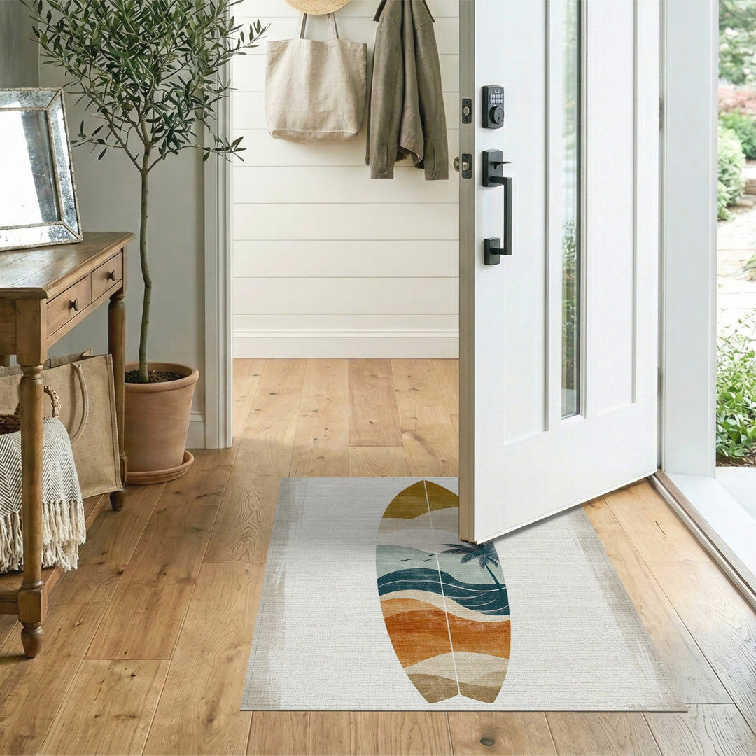 Coastal Surfboard Palm Tree Area Rug